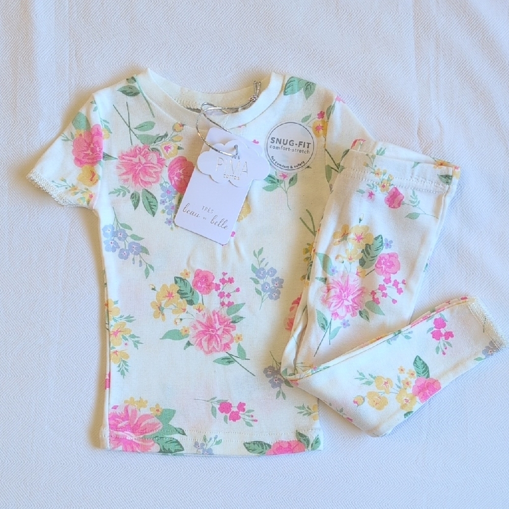 NWT Tres Beau Et Belle Pima Cotton Floral Pajamas Set 12 Months Baby Girl